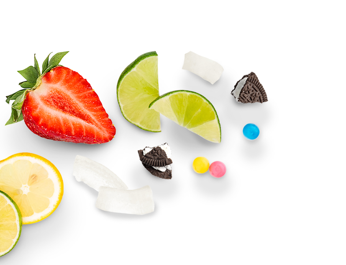 Fruit Cutouts. Strawberry, Lemons, Limes, Cookies, Coconut Gum.